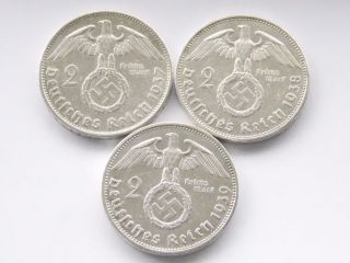 3x German Rm Coin 2 Mark Reichsmark 1937 - 1939 A Silver Swastika Third Reich Ww2 photo
