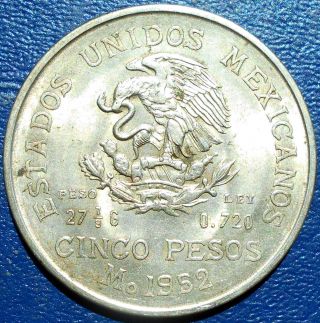 . 720 Silver 1952 Mexico 5 Cinco Pesos Km 467 Hidalgo Grade.  6243 Oz Cb 5 photo