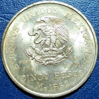 . 720 Silver 1952 Mexico 5 Cinco Pesos Km 467 Hidalgo Grade.  6243 Oz Cb 3 photo