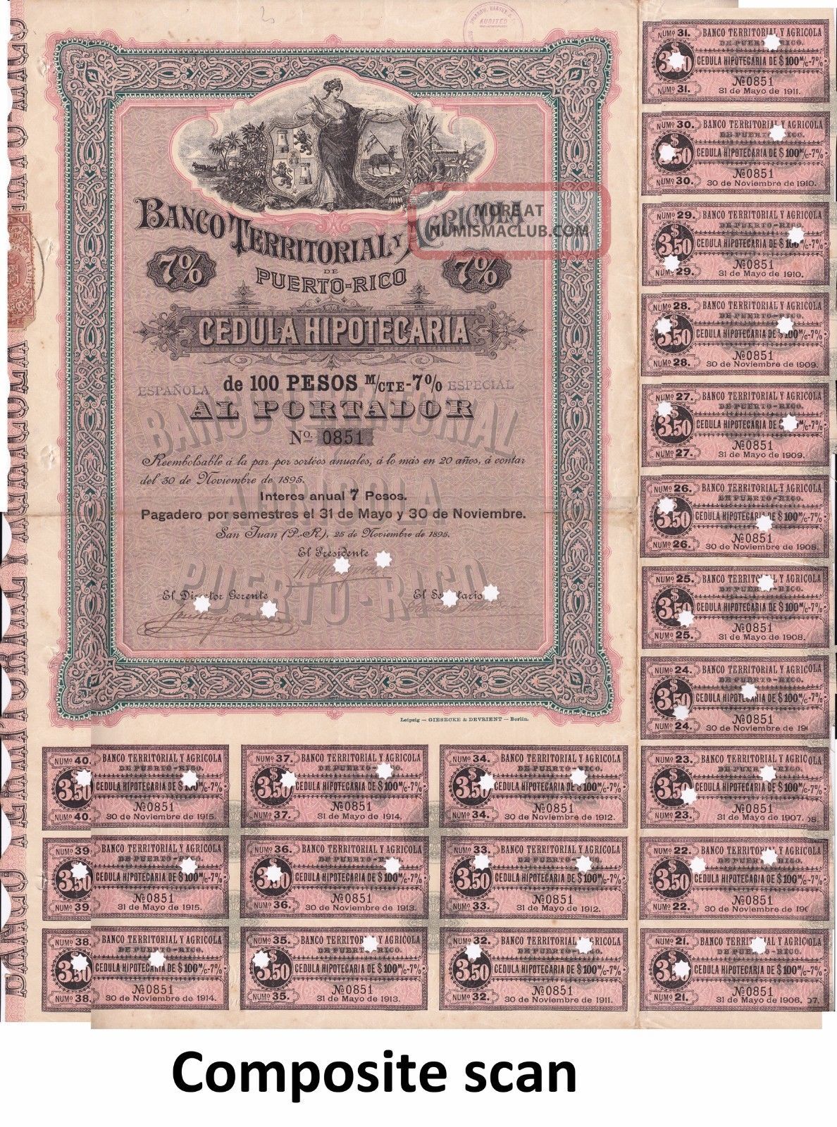 1895 100 Pesos 7 Puerto Rico Banco Territorial Y Agricola Bond.  Large,  Ornate. World photo