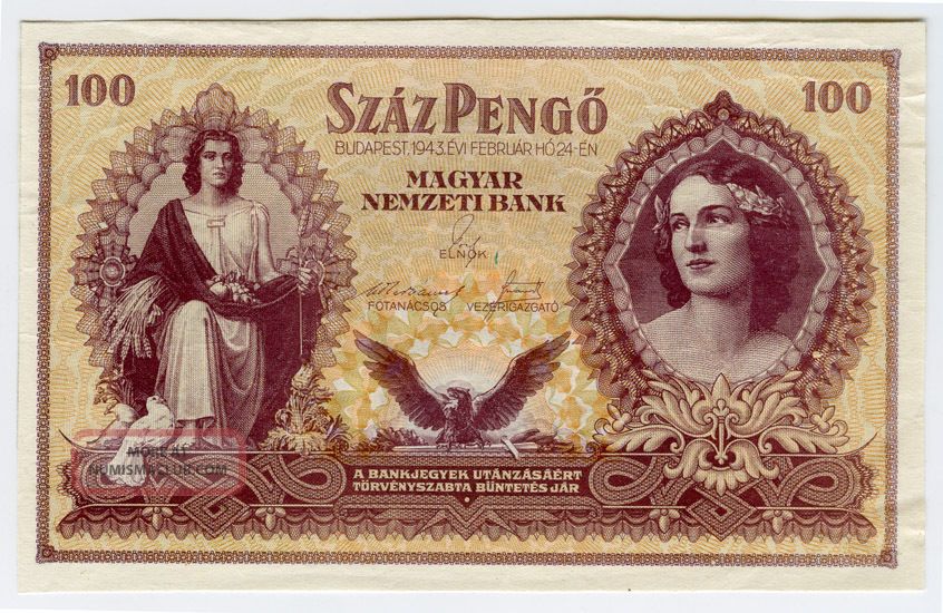 Hungary 1943 Issue 100 Pengo Rare Note Crisp Choice Au.  Pick 115a. Europe photo