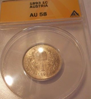 Austria 1893 1 Corona Grade Au - 58 Anacs.  835 Silver 123 Yr Old Coin. photo