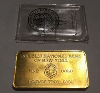1 Troy Ounce Gold Bar Republic National Bank Of Ny.  9999 Vtg.  Heraeus photo
