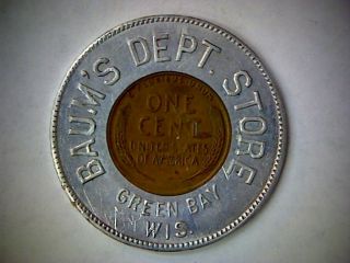 Baum ' S Dept.  Store Encased 1938 Lincoln Cent,  Green Bay Wisconsin,  Good Luck photo