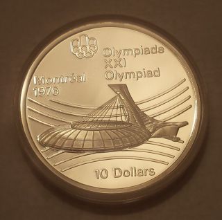 1976 Canada Proof $10 Montreal Olympics 92.  5 Silver Coin - Olympic Stadium photo