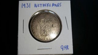 1931 Netherlands One Gulden Silver Coin photo