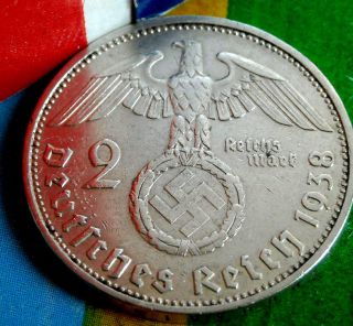 Xx - Rare 1938 - A Nazi Germany Swastika Silver 2 Reichsmark Coin Real 3rd - Reich Ww2 photo