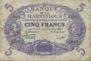 Martinique 1901 (1935 - 36) 5 Francs Banknote photo