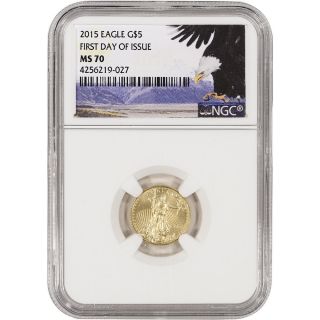 2015 American Gold Eagle (1/10 Oz) $5 - Ngc Ms70 - First Day Bald Eagle Label photo