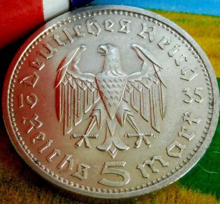 1935 - A Nazi Hindenburg 5 Mark.  900 Silver Coin - German Ww2 Germany 5 Reichsmark photo