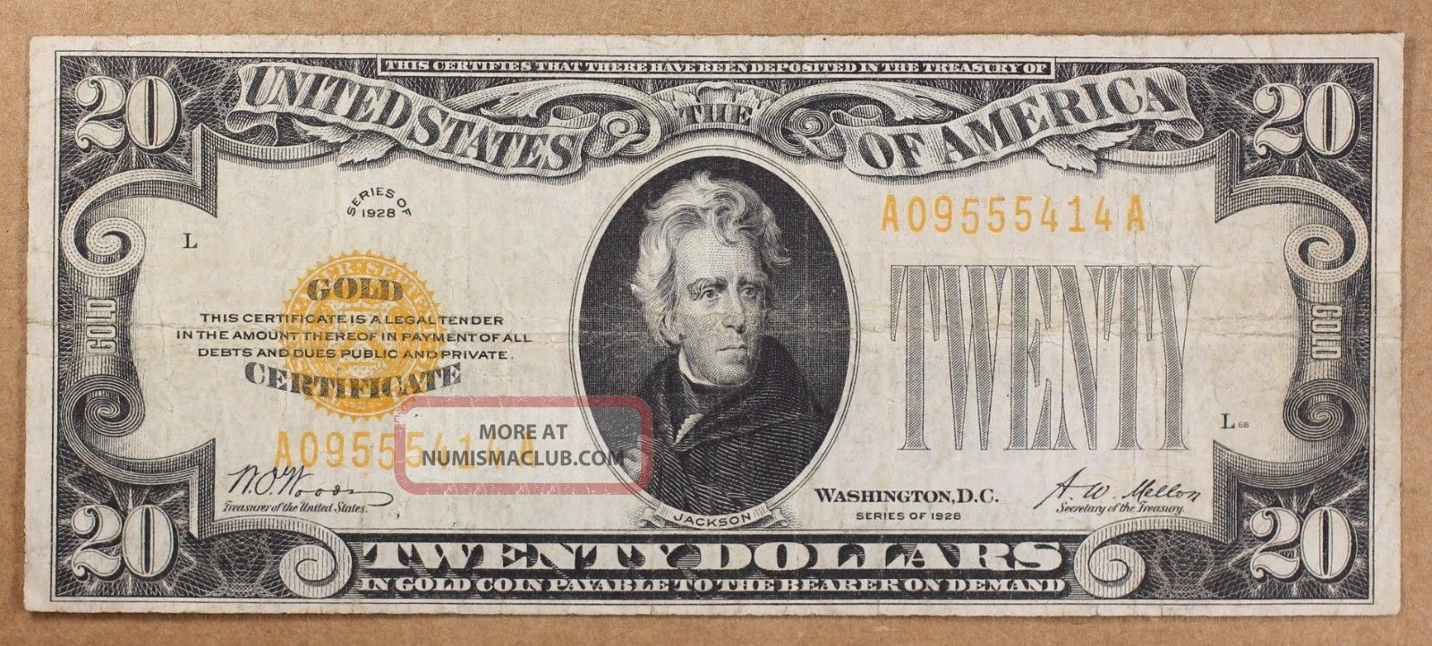 1928 $20 Gold Certificate Jackson Woods/mellon Small Size Notes photo
