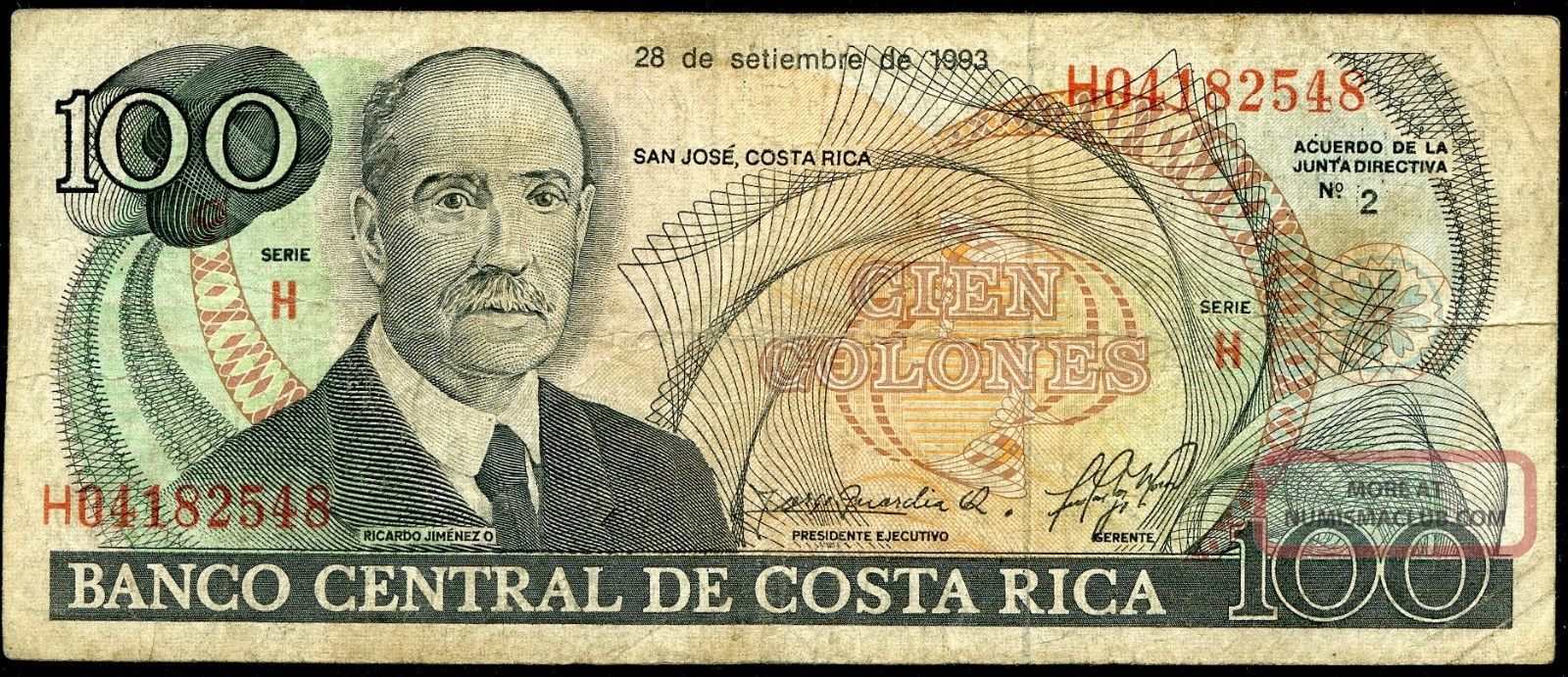 Costa Rica 100 Colones 28/9/1993 P 261 F Circulated Banknote