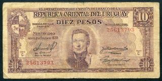 Uruguay 10 Pesos Law 1939 P - 37c Vg Serie C Circulated Banknote photo