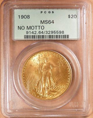 1908 No Motto St Gaudens $20 Gold,  Pcgs Graded Ms64,  Lustrous,  Old Green Label photo