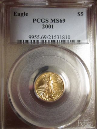 2001 1/10 Oz $5 Gold American Eagle Pcgs Certified Ms 69 photo