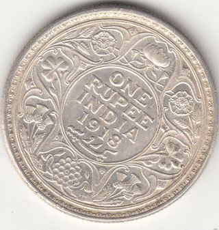 1918 British India Gorge V King One Rupee Silver Coin Extra Fine photo