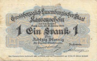 Luxembourg November 1914 1 Frank Banknote Cat 21 Fine Scarce Issue photo