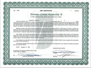 Dinnerex Limited Partnership Certificates Swiss Chalet/harveys Restaurants 1987 photo