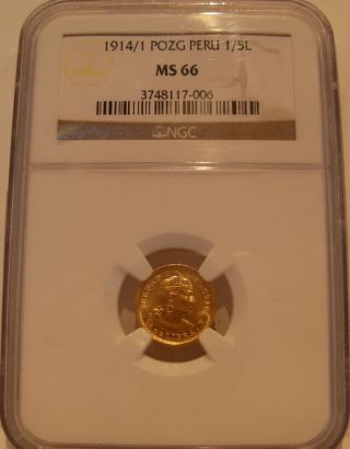 Peru 1914/1 Pozg Gold 1/5 Libra (pound) Ngc Ms - 66 photo