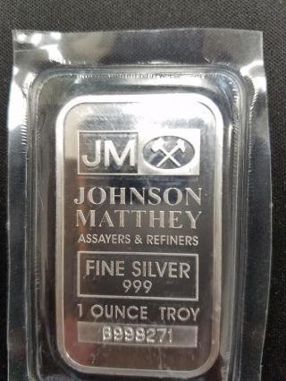1 Ounce Troy Fine Silver.  999,  Jm / Johnson Matthey Bar,  Silver Solid.  999 Fine photo