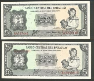 Paraguay,  2 Items,  5 Guaranies 1952,  P 195a And 195b,  Unc photo