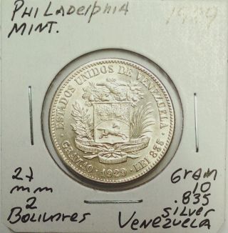 2 Bolivares 1929 Gram 10 Venezuela Silver Coin Uncirculated Key Date photo