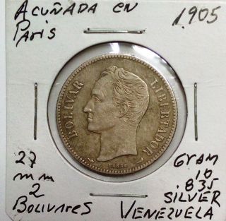 Venezuela Gram 10,  2 Bolivares 1905 Rare Date Scarce Coin Km Y - 23 photo