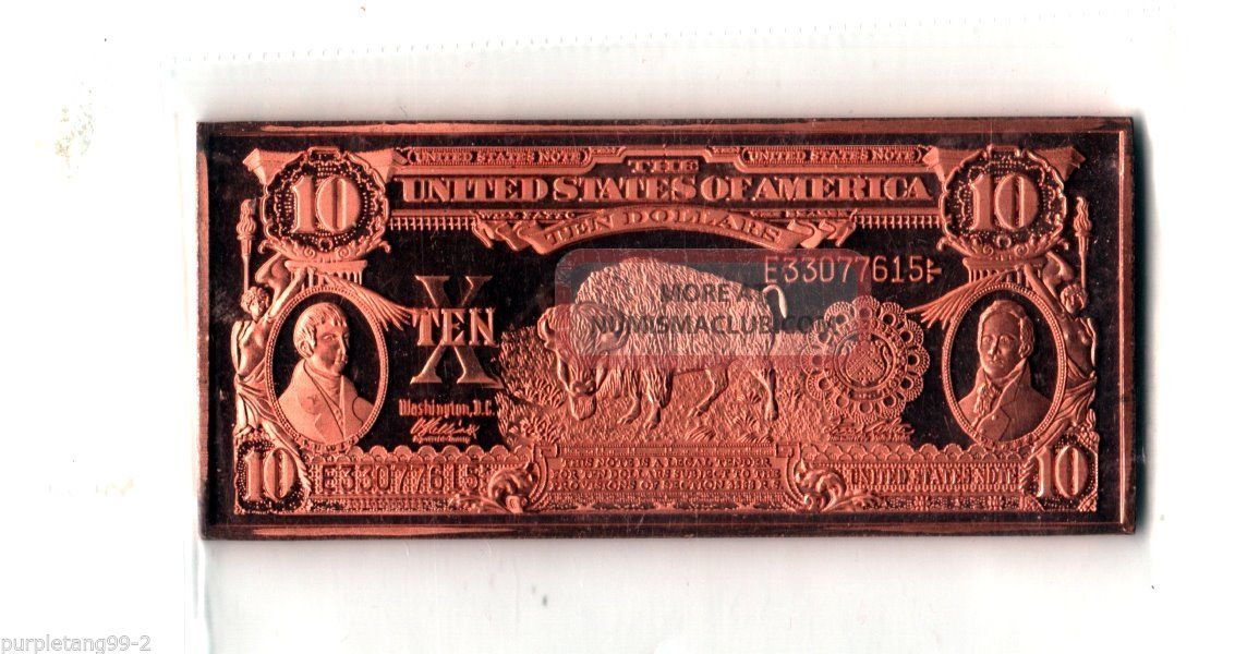 1901 1 Oz Series $10 Buffalo Note 0.  999 Fine Copper Banknote Small Size Notes photo