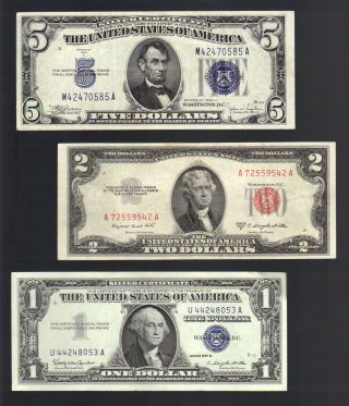 Old Money $1 & $5 Silver Blue Seal Certificates,  2 Dollar Bill Red Seal Us Note photo