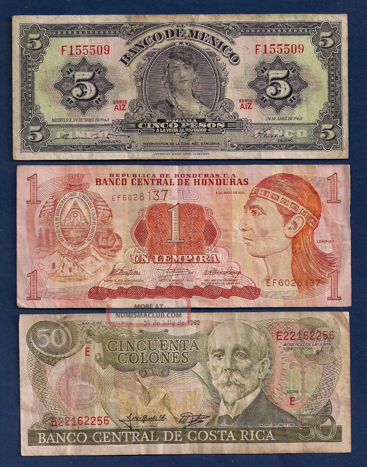 Mexico 5 Pesos 1963 P - 60h,  Honduras Lempira,  Costa Rica 50 Colones P - 257a Paper Money: World photo