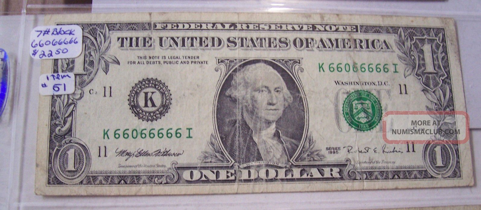 Fancy Block Of 7 6 ' S 1995 $1 One Dollar Ser 6606 6666 Federal Reserve Note Small Size Notes photo