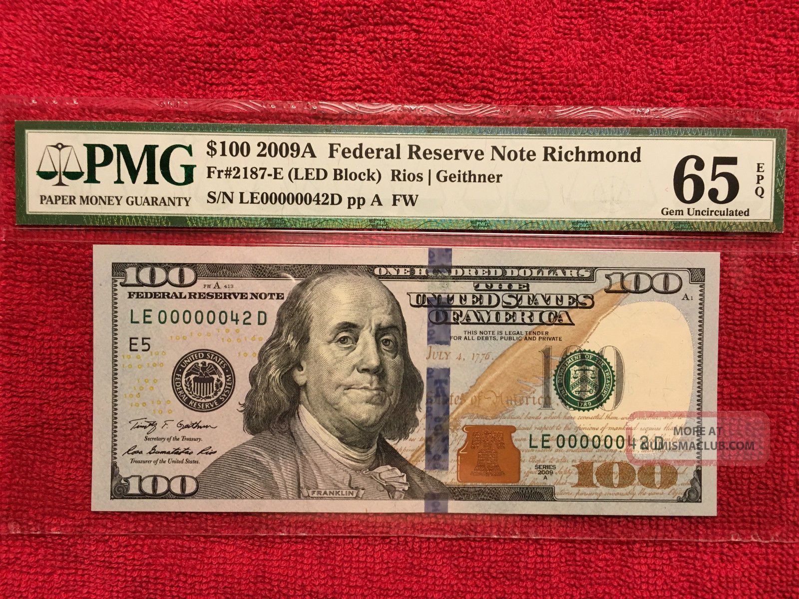 2009a Fr.  2187 - E $100 Frn 2 Digit Low Number 00000042 Pmg 65 Epq Small Size Notes photo