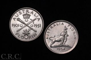 1951 & 1954 Australia 1 Florin Silver Commemoratives photo