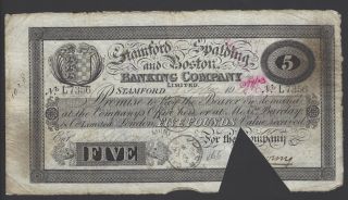 Great Britain Stamford,  Spalding And Boston Banking Company 5 Pounds 1899 photo