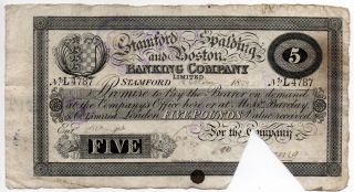 Stamford,  Spalding And Boston Banking Company (england) £5 Pounds 1899 photo
