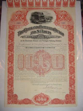1891 Cleveland,  Cincinnati,  Chicago & St.  Louis Railway Bond Stock Certificate photo