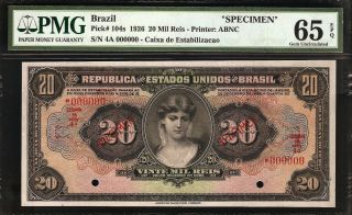 Brazil 20 Mil Reis 1926 Specimen Pmg 65 Epq Unc Pick 104s S/n 4a 000000 photo