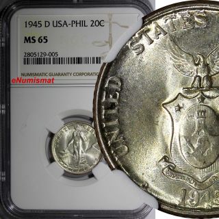 Philippines Silver 1945 D 20 Centavos Ngc Ms65 Gem Bu Coin Km 182 photo