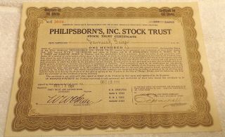 Philipsborn ' S Inc.  Stock Trust Stock Certificate For 100 Shares Dec.  1924 photo