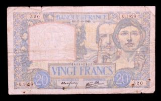 1940 Bank Of France 20 Franc Banknote P92b 040640520 photo
