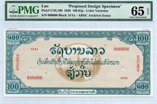 Central Bank Of Lao Proposed Design Specimen In 1948 One Hundred Kip Pmg 65 Epq photo