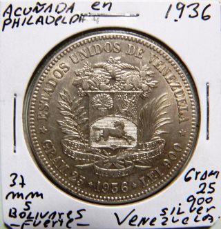 Venezuela Silver Coin Gram 25,  5 Bolivares1936 (normal Date) Uncirculated photo