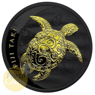 2011 1 Oz Silver Fiji Taku Turtle Black Ruthenium 24k Gold Gilded Coin Box & photo