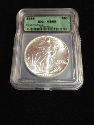 1986 Ms69 Icg Certified American Silver Eagle First Year Of Issue White Coin photo