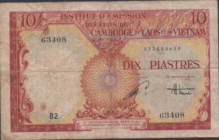 French Indo China 10 Piastres Nd.  1953 P 107 Series B2 Circulated Banknote photo
