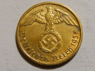 1938 Rare Old Wwii Nazi Hitler Germany 3rd Reich Brass Reichspfennig War Coin photo
