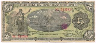 1914 Gobierno Provisional De Mexico Five Pesos Note photo