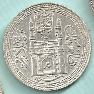 Hyderabad State - Ah 1323 - Mim On Doorway - One Rupee - Rare Silver Coin photo