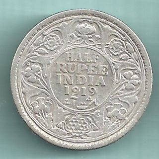 British India - 1919 - King George V Emperor - Half Rupee - Rare Silver Coin photo