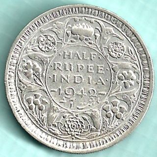 British India - 1942 - King George Vi Emperor - Half Rupee - Rare Silver Coin photo